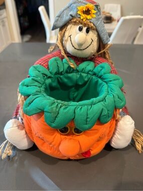 Vintage, plush scarecrow pumpkin candy basket